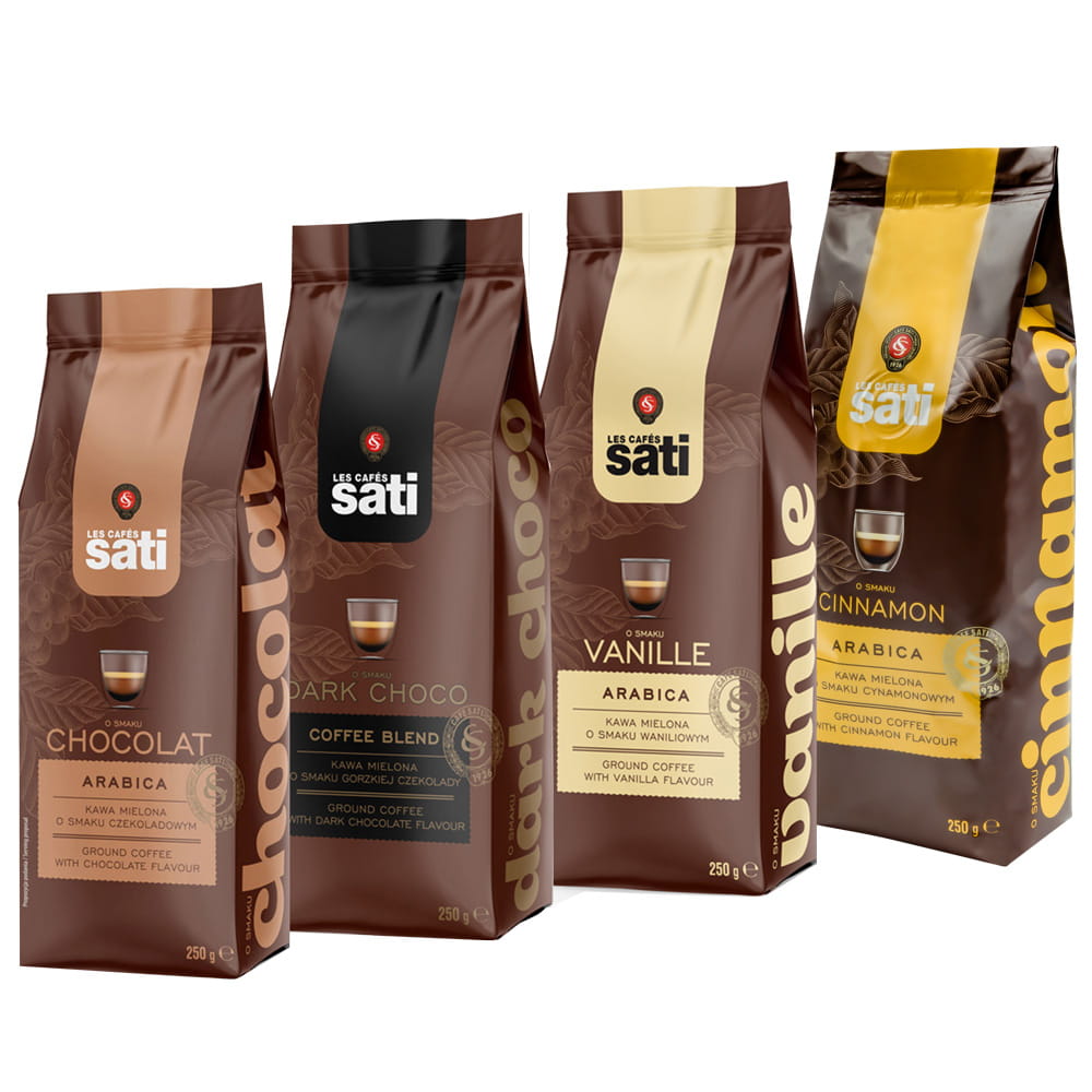 Sati Zestaw kaw mielonych Czekolada, Wanilia, Ciemna, Czekolada, Cynamon 4x250g