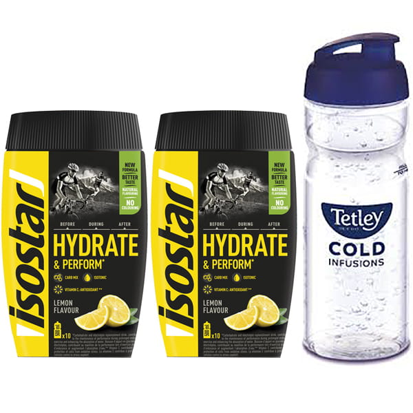 Isostar koncentrat o smaku cytrynowym 2x400g w pojemniku + Bidon Tetley GRATIS